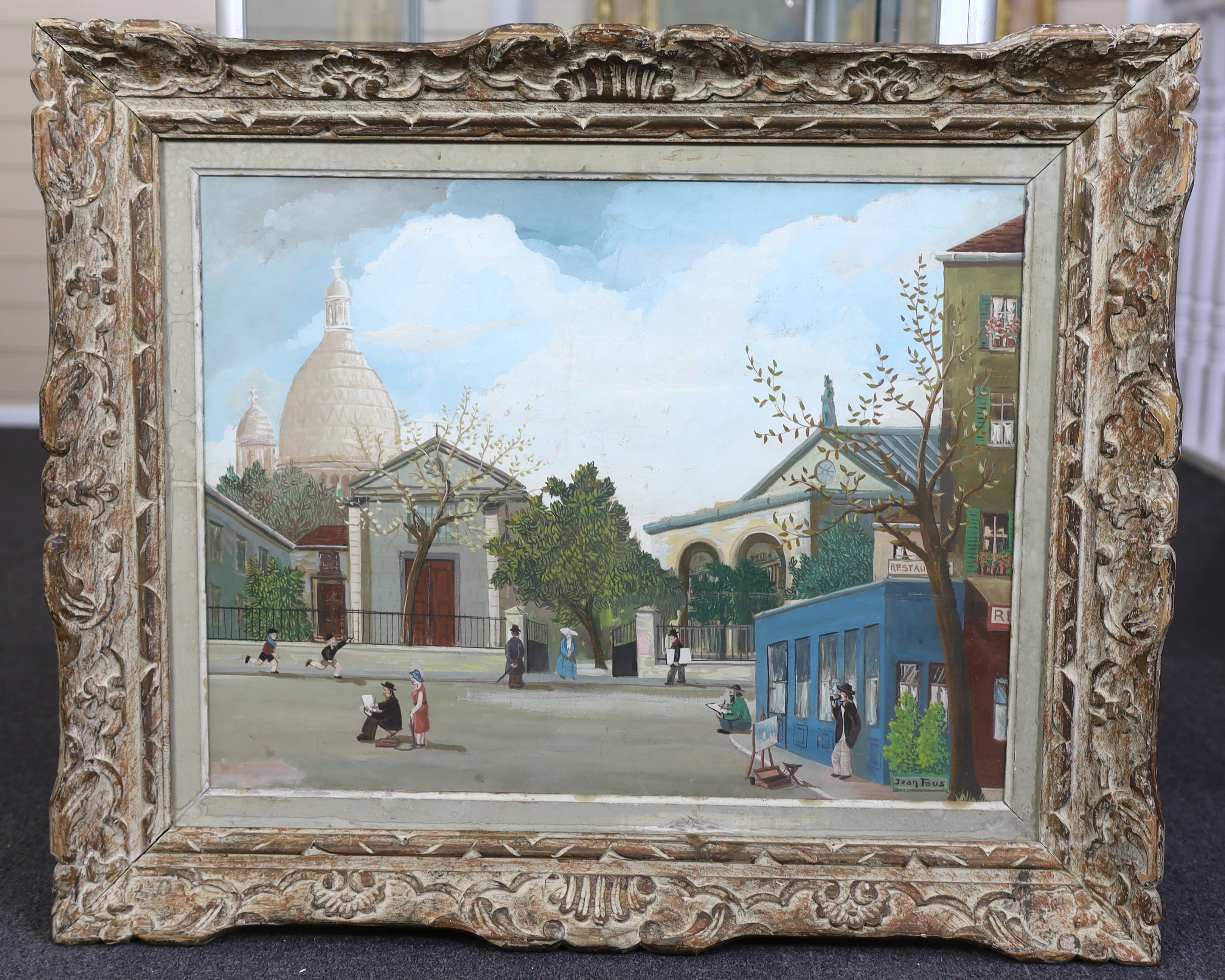Jean Fous (French, 1901-1971), Parisian street scene with artists at work and the domes of the Sacré Coeur, gouache on card, 48 x 63cm